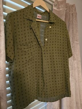 Mondi Olive Green Short-Sleeve Button-Down Shirt with Micro Square Print
